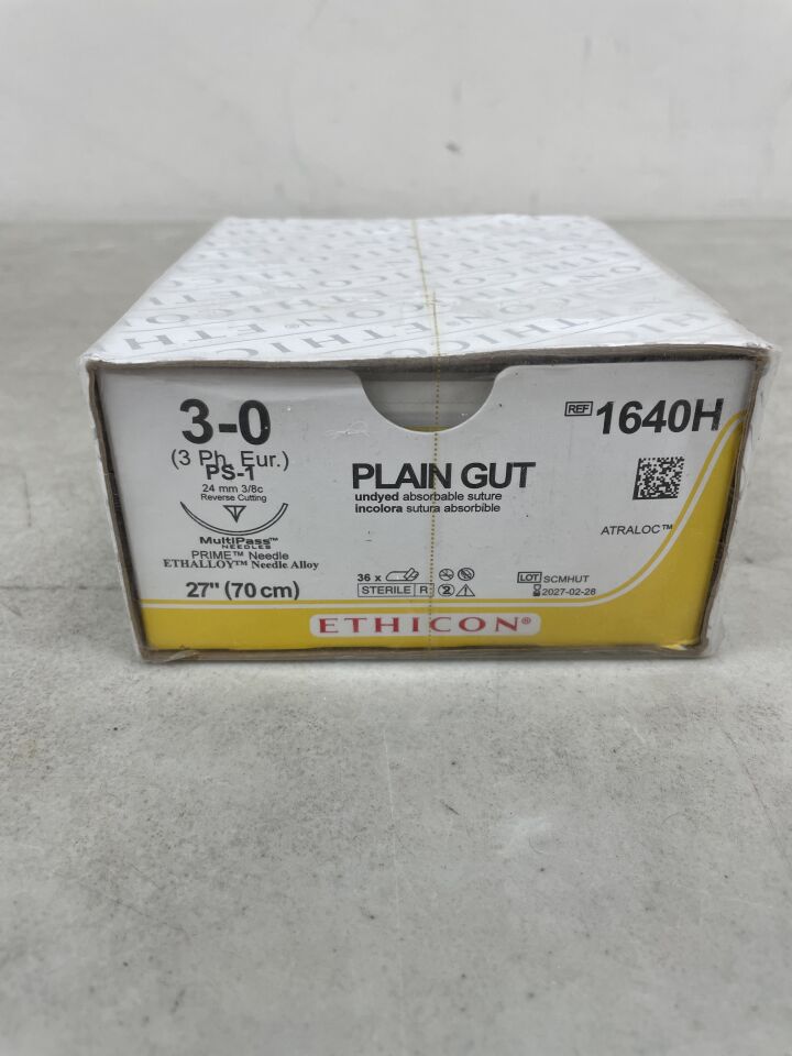 1640H  -  ETHICON  -  Surgical Gut Suture - Plain, Size 3-0 L27in Yellow Needle Ps-1 L24mm 3/8 Circle Reverse Cutting Armed Monofilament , ( BX/36 )  -  ( Expiry Date : 2027-02-28 )