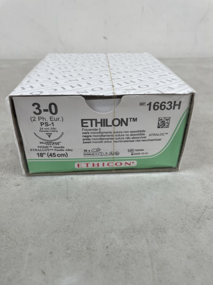 1663H  -  ETHICON  -  ETHILON Nylon Suture, Size 3-0 L18in Nonabsorbable Black L24mm Ps-1 3/8 Circle Prime Reverse Cutting Needle , ( BX/36 )  -  ( Expiry Date : 2029-10-31 )