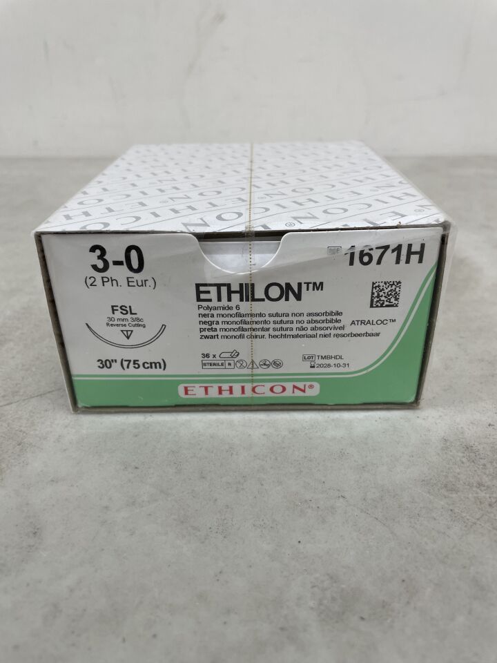 1671H  -  ETHICON  -  Ethilon Non-Absorbable Monofilament Nylon Suture, Size 3-0, 30 in. Length, FSL Needle , ( BX/36 )  -  ( Expiry Date : 2028-10-31 )