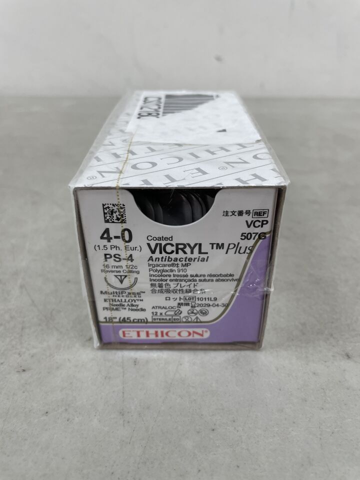 VCP507G  -  ETHICON  -  COATED VICRYL Plus Antibacterial (polyglactin 910) Suture, Precision Point - Reverse Cutting, Absorbable, PS-4 16mm ½ Circle, Undyed Braided 18" = 45cm, Size: 4-0 , ( BX/12 )  -  ( Expiry Date : 2029-04-30 )