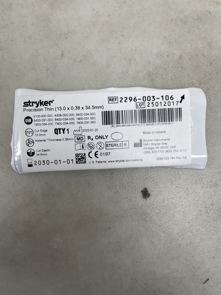 2296-003-106  -  STRYKER  -  Precision Thin Blade, 34.5 L x 13 mm W , ( EA )  -  ( Expiry Date : 2030-01-01 )