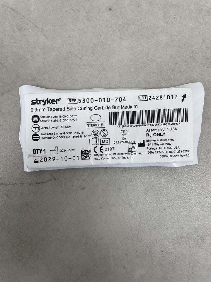 5300-010-704  -  STRYKER  -  0.9mm Tapered Side Cutting Carbide Bur, Medium, 2.0" , ( EA )  -  ( Expiry Date : 2029-10-01 )