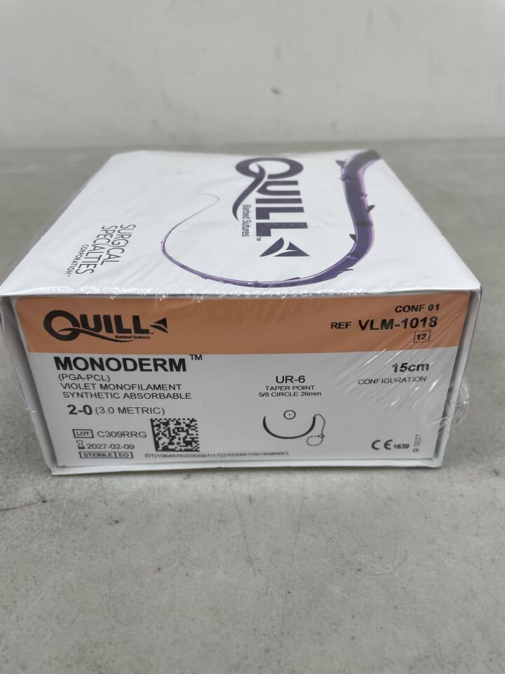 VLM-1018 - SURGICAL SPECIALTIES - Quill Monoderm Suture 3-0 18" Polyglycolic Acid Monofilament PS-1 Undyed, (BX/12) - ( Expiry Date: 2027-02-09 )