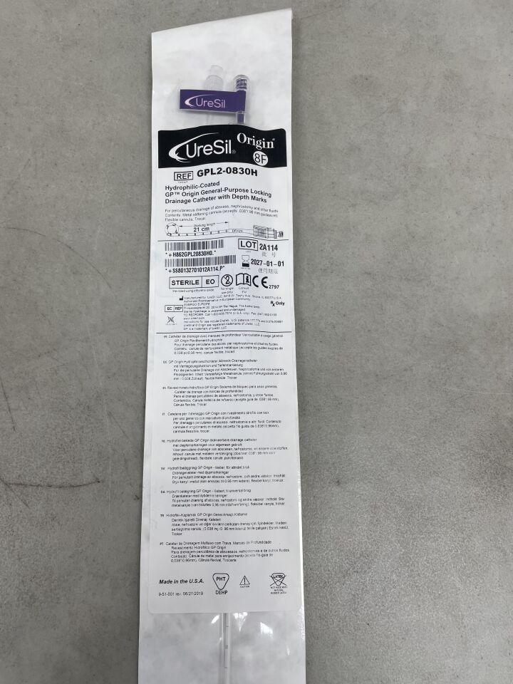 GPL2-0830H - URESIL - Hydrophilic Coated Origin General Purpose Locking Drainage Catheter with Depth Marks, (EA) - ( Expiry Date: 2027-01-01 )
