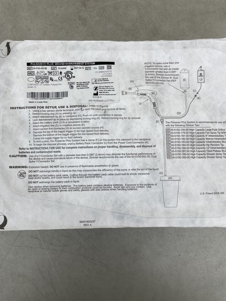 00-5150-420-00  -  ZIMMER  -  PulsaVac Plus Component Kit Pack (Does Not Include a Debridement Tip) , ( EA )  -  ( Expiry Date : 2027-04-16 )