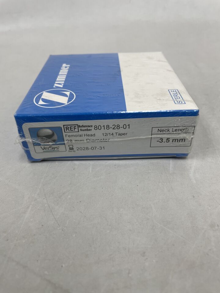 8018-28-01  -  ZIMMER  -  VerSys Hip System Femoral Head 12/14 Taper, 28mm Diameter, -3.5mm Neck Length , ( BX/1 )  -  ( Expiry Date : 2028-07-31 )