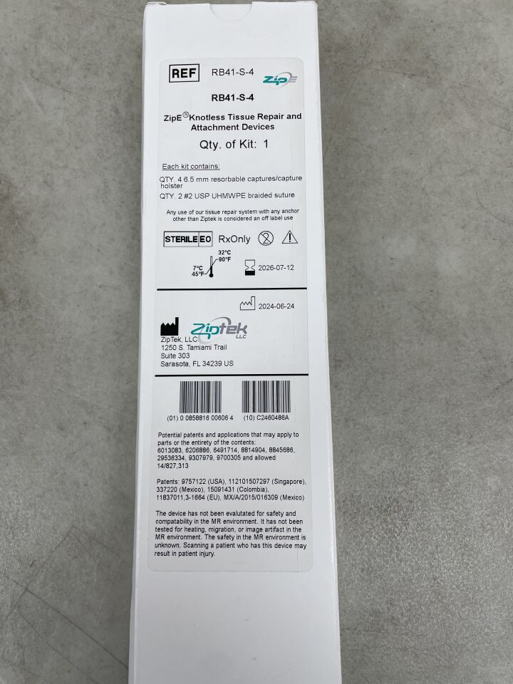 RB41-S-4  -  ZIPTEK  -  ZipE Knotless Tissue Repair & Attachment Devices, #4 Resorbable Captures, Two #2 UHMWPE Suture, Two Thermoplastic Tip Covers , ( BX/1 )  -  ( Expiry Date : 2026-07-12 )
