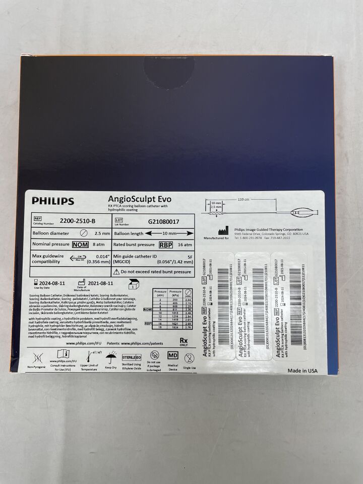 2200-2510-B - PHILIPS - AngioSculpt Evo RX PTCA Scoring Balloon Catheter with Hydrophilic Coating - 2.5mm x 10mm x 139cm, (BX/1) - ( Expiry Date: 2025-01-10 )