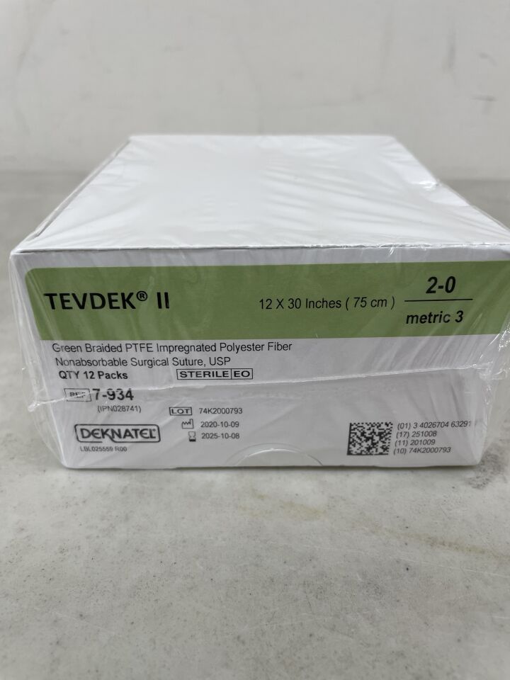 7-934 - TELEFLEX - Tevdek II Green Braided PTFE Surgical Suture Size 2, 12 x 30", (BX/12) - ( Expiry Date: 2025-10-08 )