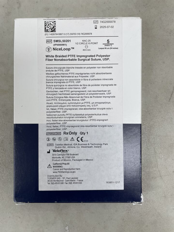 SMSL50201 - TELEFLEX - 5 Wright NiceLoop White Braided PTFE Impregnated Polyester Fiber Suture KAC-25, (BX/1) - ( Expiry Date: 2025-07-02 )