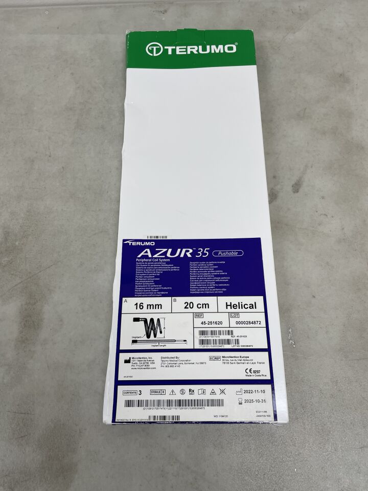 45-251620 - TERUMO - Azur 35 Pushable Peripheral Coil System, 16mm implant height, 20cm implant length, Helical, (BX/3) - ( Expiry Date: 2025-10-31 )