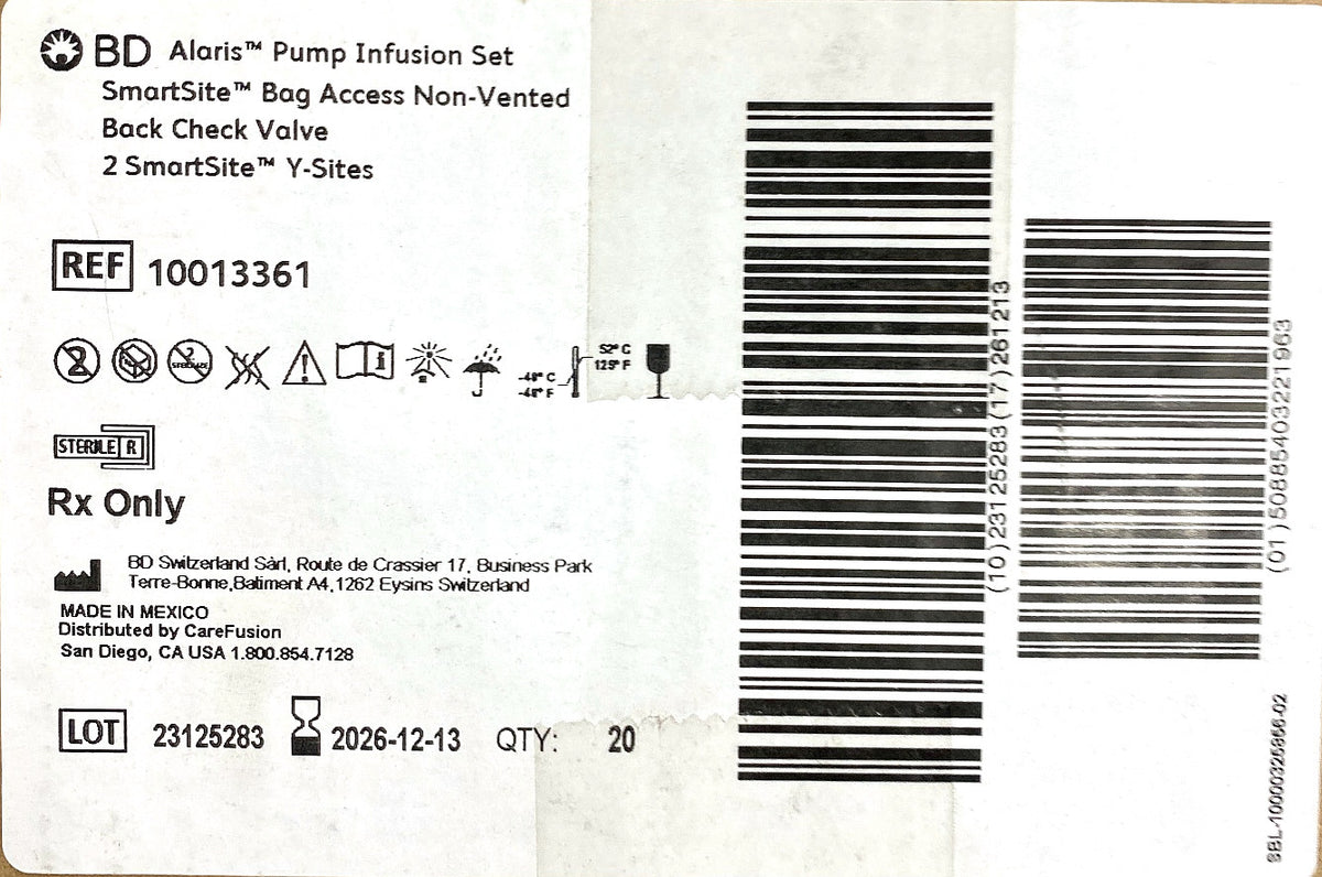 10013361 - BD - Pump Infusion Set, Bag Access, Non-Vented, Back Check Valve, 2 Y-Sites 299 cm (118 in), (BX/20)