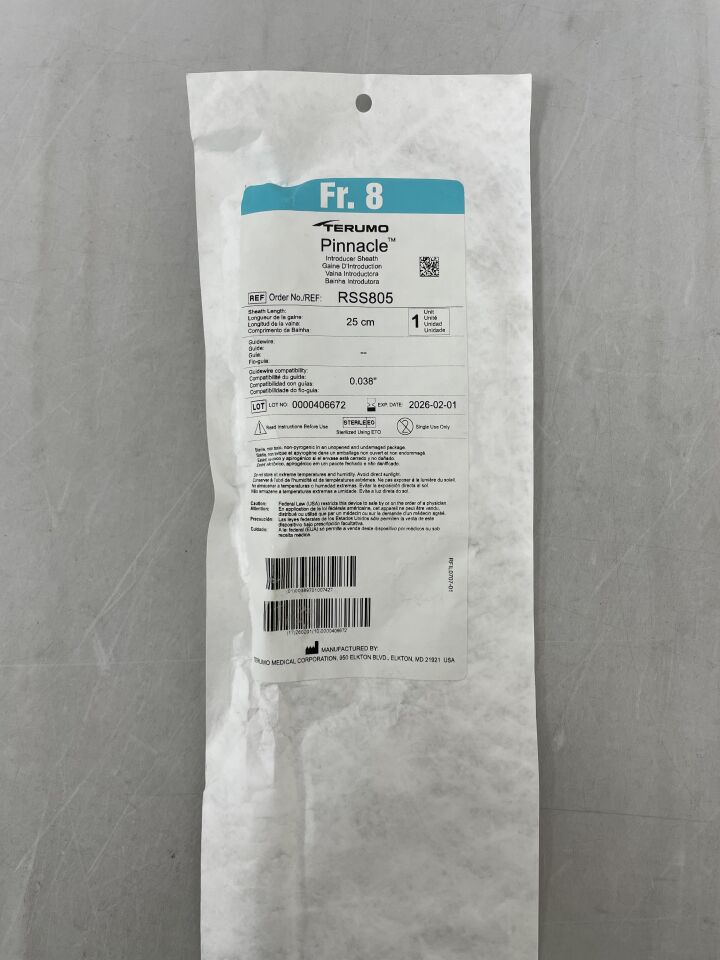 RSS805 - TERUMO - Pinnacle Introducer Sheath, 8Fr X 25cm length, (EA) - ( Expiry Date: 2026-02-01 )