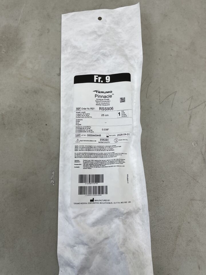 RSS906 - TERUMO - Pinnacle Coronary Introducer Sheath 9F x 25cm, (EA) - ( Expiry Date: 2026-04-01 )