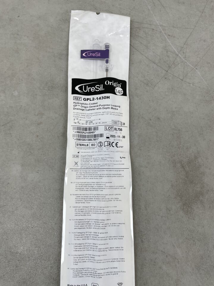 GPL2-1430H - URESIL - Origin Hydrophilic GP Origin Locking Drainage Catheter, 14F x 21cm, (EA) - ( Expiry Date: 2025-11-30 )