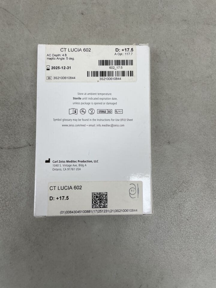 CT LUCIA 602.US/+17.5D - ZEISS - CT Lucia 3 Piece Monofocal Hydrophobic Acrylic Intraocular Lens, +17.5D, (BX/1) - ( Expiry Date: 2025-12-31 )