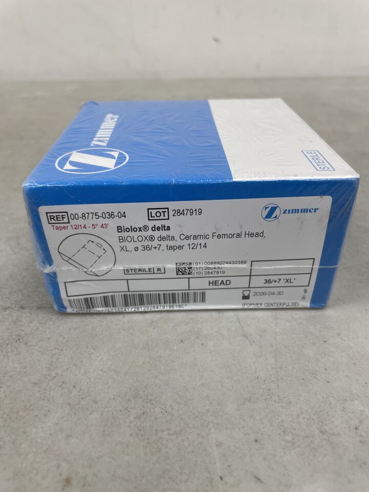 00-8775-036-04 - ZIMMER - Biolox Delta, Ceramic Femoral Head, XL, 36/+7, Taper 12/14, (BX/1) - ( Expiry Date: 2026-04-30 )