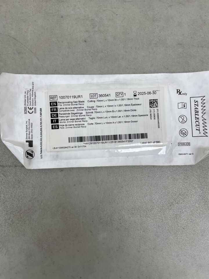 10070119UR1 - ZIMMER - Stablecut, Reciprocating Saw Blade, Zimmer Power System, 10mm x 70mm x 1.19mm, (EA) - ( Expiry Date: 2025-06-30 )
