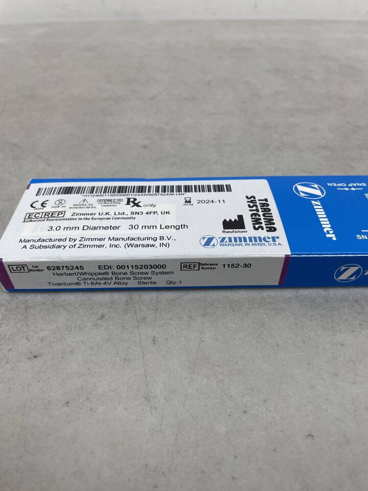 1152-30 - ZIMMER - Herbert/Whipple Bone Screw System, Cannualted bone screw, 3.0mm diameter, 30mm length, (BX/1) - ( Expiry Date: 2024-11-01 )
