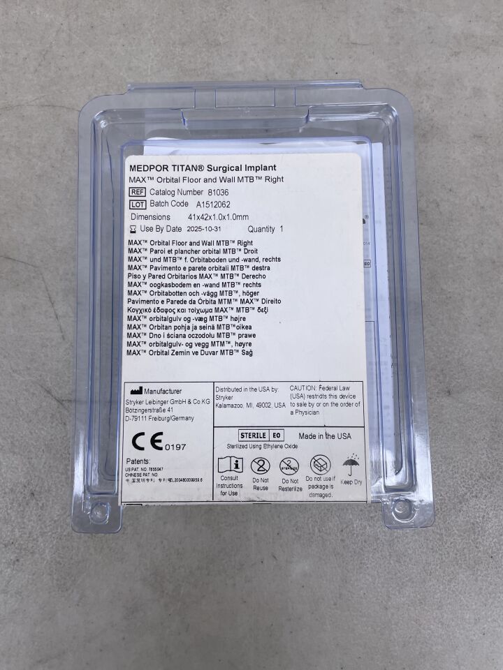 81036 - STRYKER - MEDPOR TITAN Surgical Implant, Max Orbital Floor and Wall MTB Right, 41 x 42 x 1.0 x 1.0mm, (EA) - ( Expiry Date: 2025-10-31 )