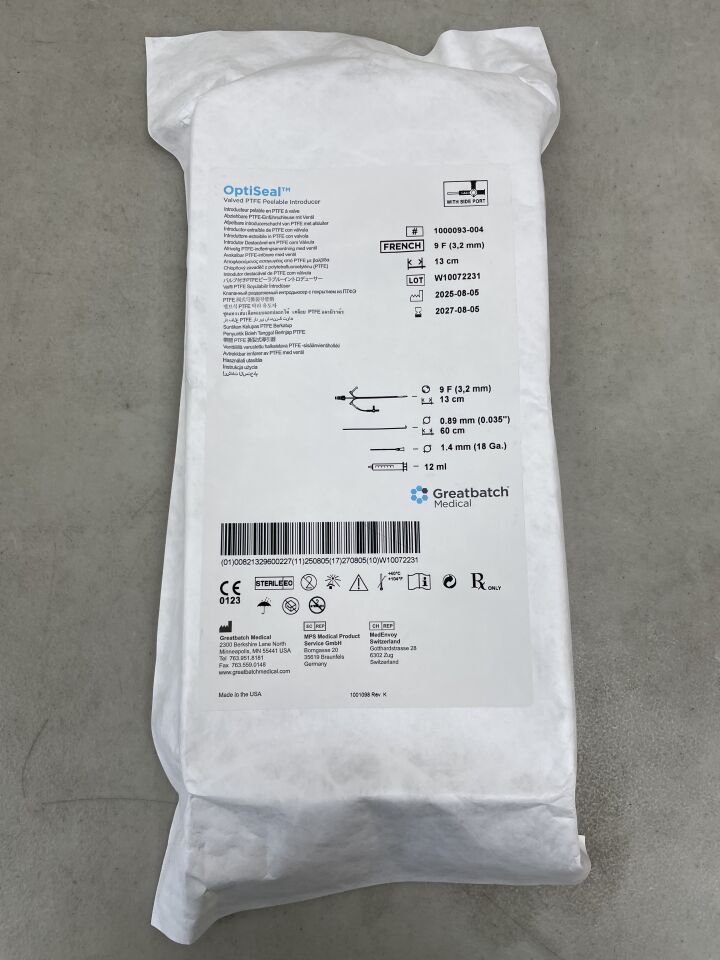 1000093-004 - GREATBATCH - OptiSeal Valved Peelable PTFE Introducer W/SIDE PORT 9F X 13CM, (EA) - ( Expiry Date: 2027-08-05 )