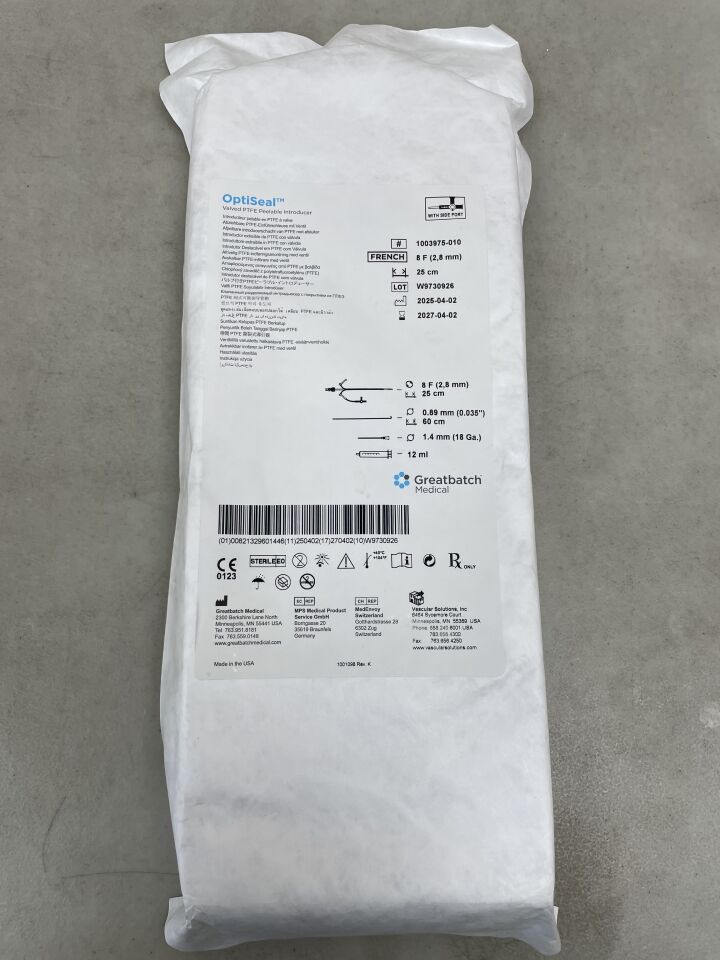 1003975-010 - GREATBATCH - OptiSeal Valved Peelable Introducer Kit 8F x 25cm, (EA) - ( Expiry Date: 2027-04-02 )