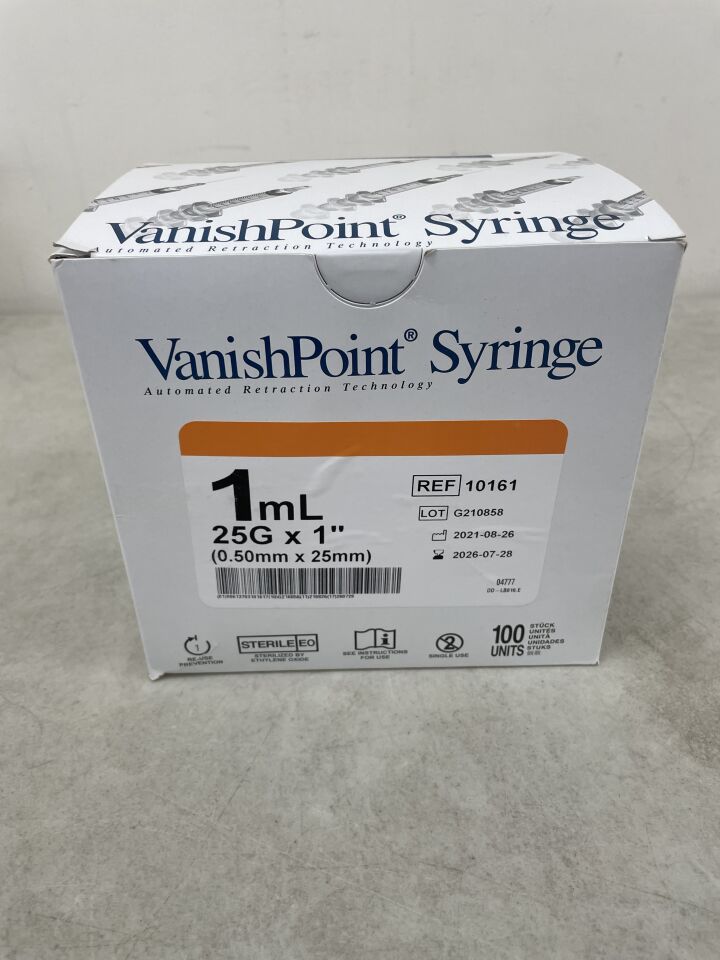 10161 - RETRACTABLE TECHNOLOGIES - VanishPoint 1ml Tuberculin Syringe w/Retractable 25G x 1" Safety Needle, (BX/100) - ( Expiry Date: 2026-07-28 )