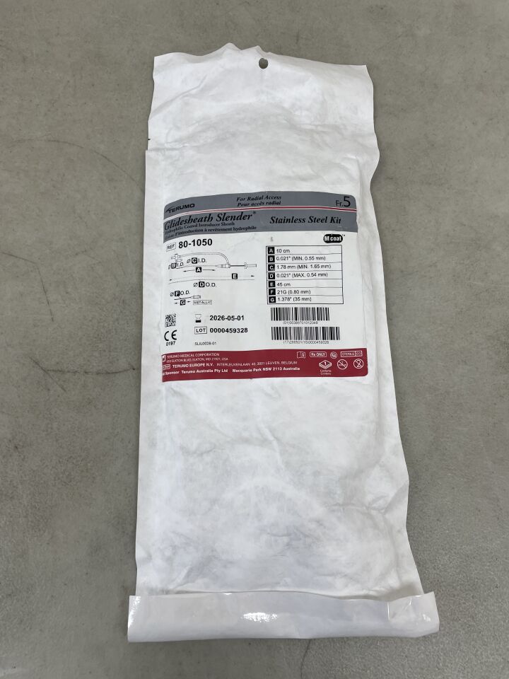 80-1050 - TERUMO - Glidesheath Slender Hydrophilic Coated Introducer Sheath - Stainless Steel Kit - 5Fr x 10cm x .021", (EA) - ( Expiry Date: 2026-05-01 )