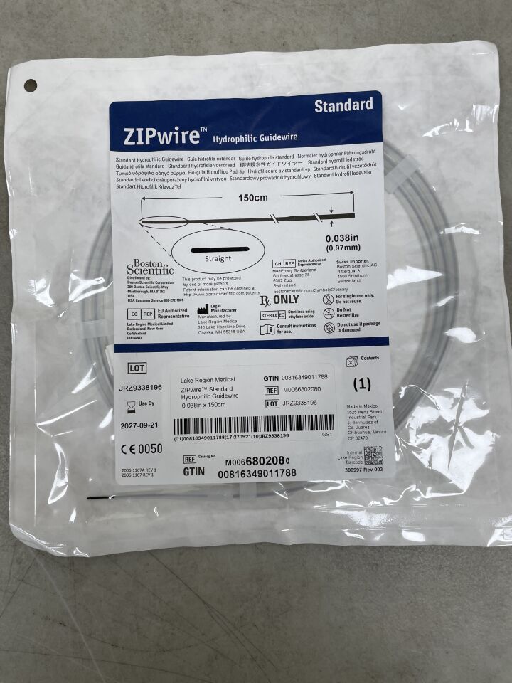 680208 - BOSTON SCIENTIFIC - ZIPwire Hydrophilic Guidewire - Standard, Straight - .038" x 150cm, (EA) - ( Expiry Date: 2027-09-21 )