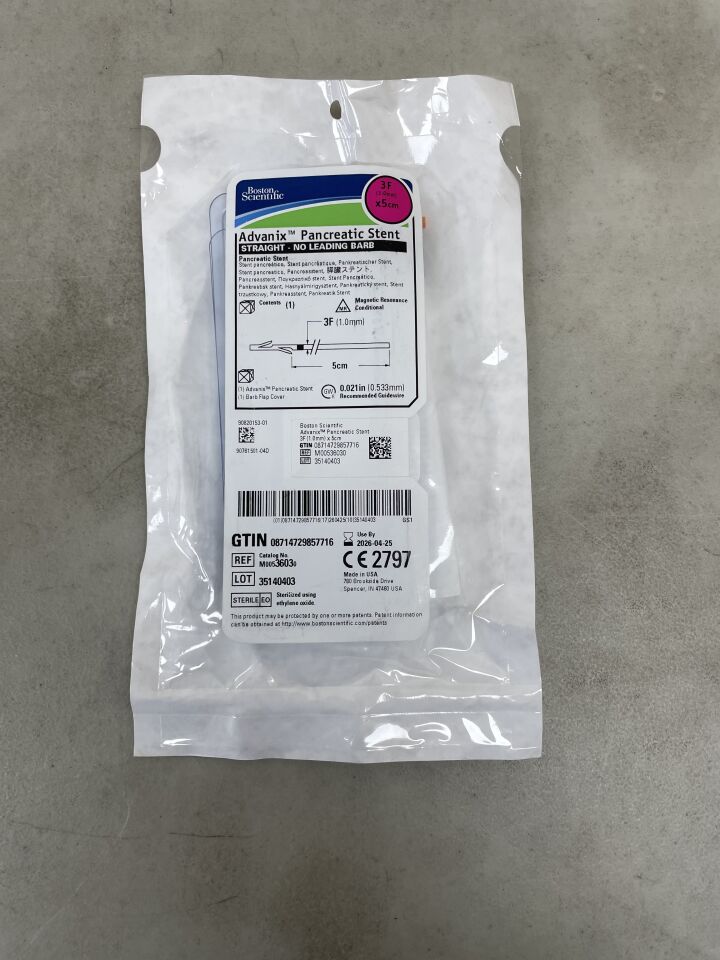3603 - BOSTON SCIENTIFIC - Advanix Pancreatic Stent - Straight/No Leading Barb - 3Fr x 5cm, (EA) - ( Expiry Date: 2026-04-25 )