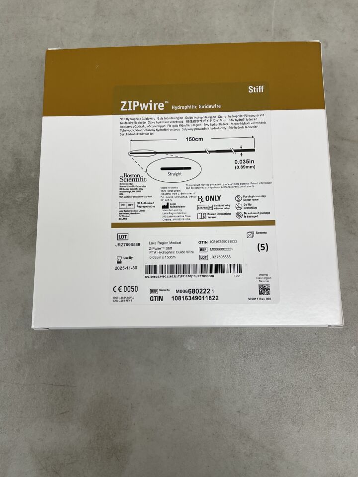 680222 - BOSTON SCIENTIFIC - ZIPwire Hydrophilic Guidewire - Stiff, Straight - .035" x 150cm, (BX/5) - ( Expiry Date: 2025-11-30 )