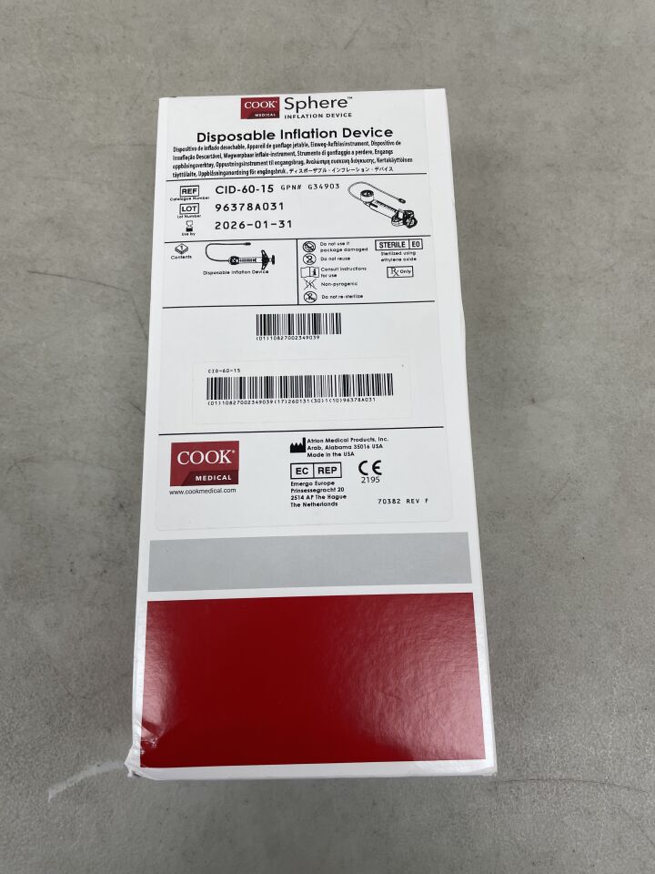 G34903 - COOK - Sphere Inflation Device, Analog Gauge, 60ml, 15 ATM, (BX/1) - ( Expiry Date: 2026-01-31 )