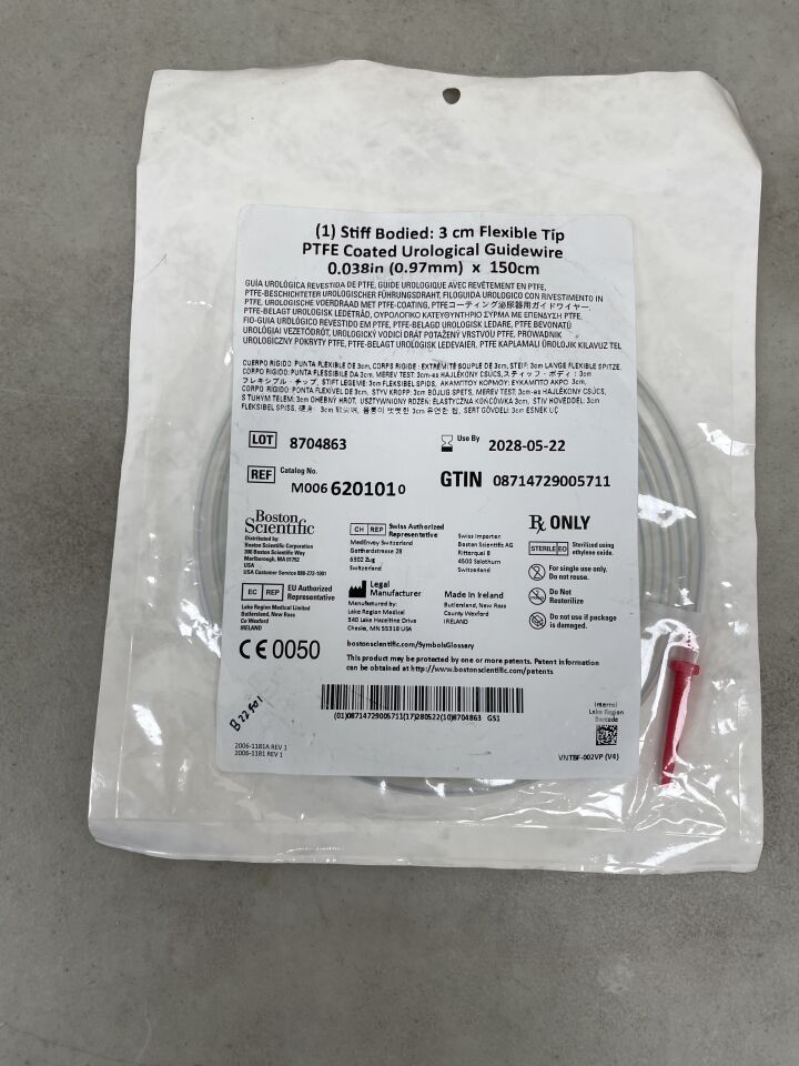 620101 - BOSTON SCIENTIFIC - PTFE Coated Urological Guidewire - Stiff Bodied, Flexible Tip - .038" x 150cm, (EA) - ( Expiry Date: 2028-05-22 )