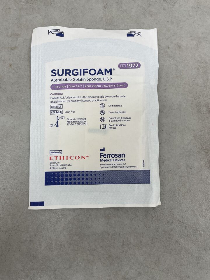 1972 - ETHICON - Surgifoam, Absorbable Gelatin Sponge, size 12-7, 2cm x 6cm x 0.7cm, (EA) - ( Expiry Date: 2025-11-17 )