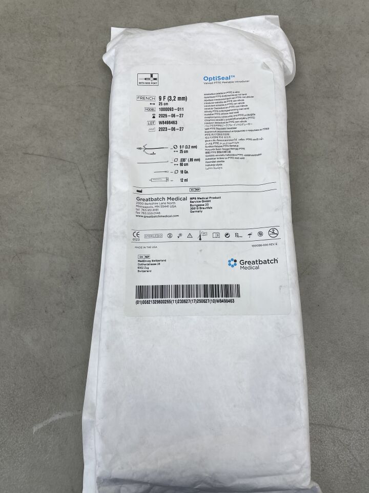 1000093-011 - GREATBATCH - OptiSeal Valved Peelable PTFE Introducer with SIDE PORT, 9F x 25CM, (EA) - ( Expiry Date: 2025-06-27 )
