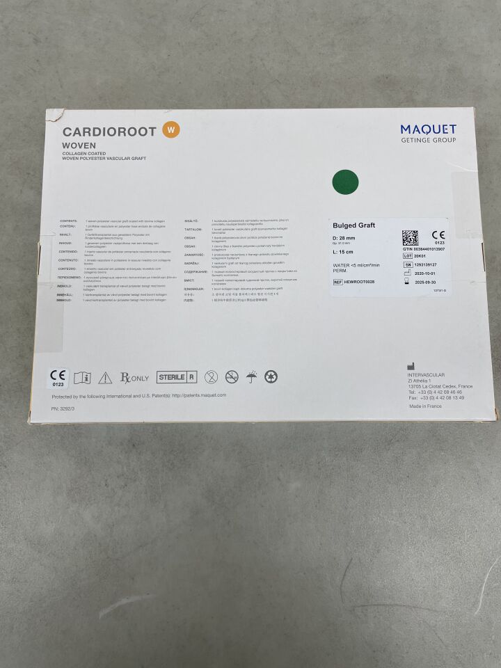 HEWROOT0028 - MAQUET - Cardioroot Woven Vascular Prosthesis 28mm x 15cm, (BX/1) - ( Expiry Date: 2025-09-30 )