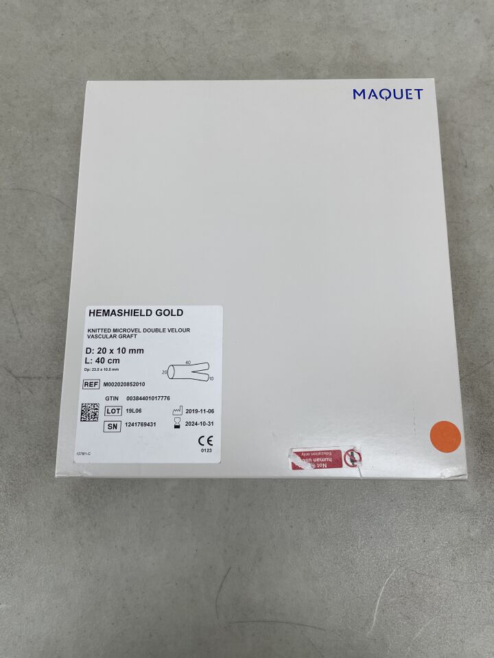 M002020852010 - MAQUET - Hemashield Gold Knitted Microvel Bifurcated Double Velour Vascular Graft with Graft  D: 20 x 10mm L: 40cm, (BX/1) - ( Expiry Date: 2024-10-31 )