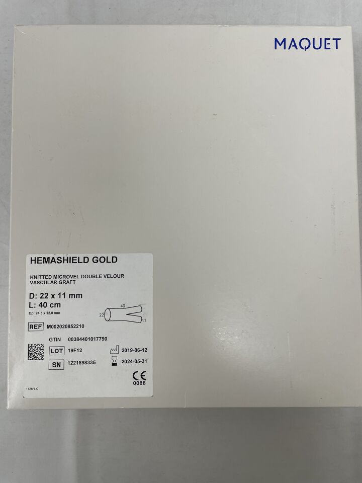 M002020852210 - MAQUET - Hemashield Gold Knitted Microvel Double Velour Vascular Graft - Bifurcated - 22mm x 11mm x 40cm, (BX/1) - ( Expiry Date: 2024-10-31 )