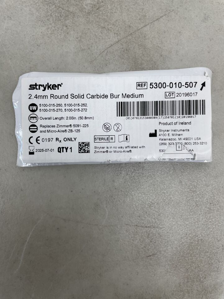 5300-010-507 - STRYKER - Fluted Solid Round Micro Burr, 2.4 mm Head Diameter, 50.8 mm Length, (EA) - ( Expiry Date: 2025-07-01 )