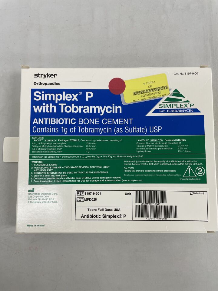 6197-9-001 - STRYKER - Simplex P with Tobramycin, Antibiotic Bone Cement, (BX/1) - ( Expiry Date: 2026-03-31 )