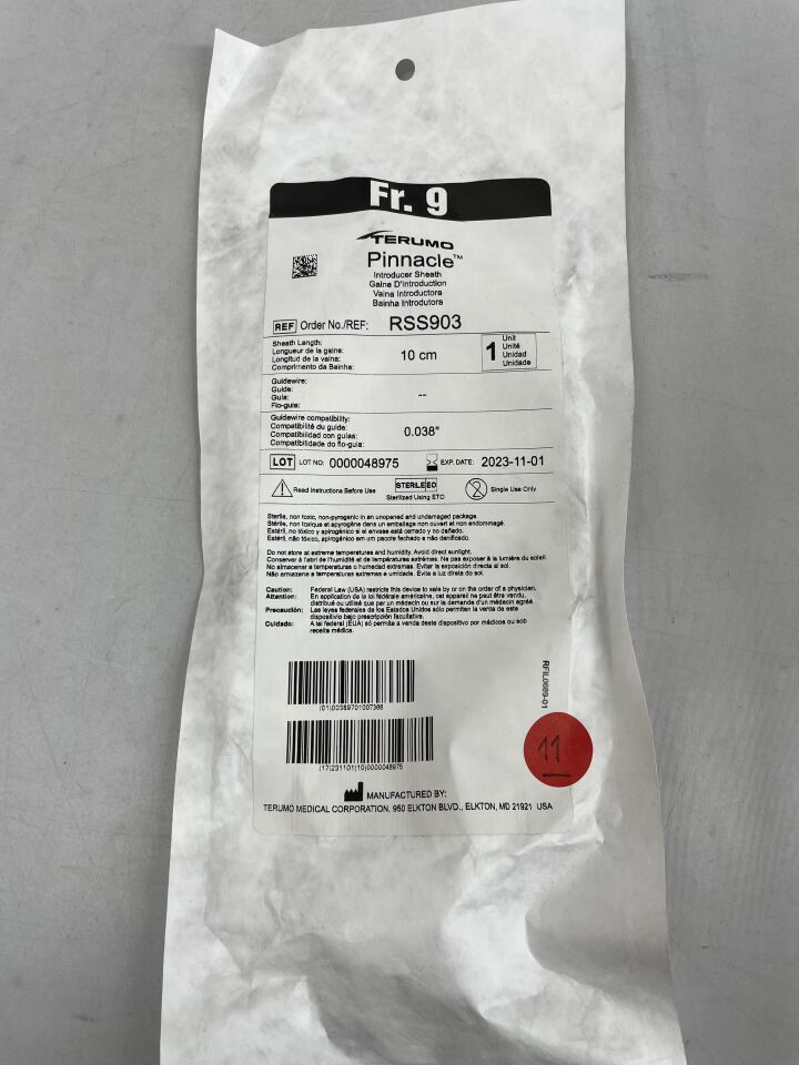 RSS903 - TERUMO - Pinnacle Introducer Sheath - 9Fr x 10cm x .038", (EA) - ( Expiry Date: 2025-10-01 )