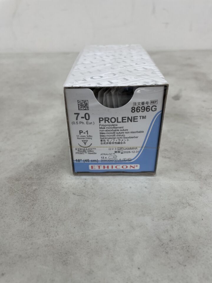 8696G - ETHICON - Prolene Blue Monofilament Suture, Size 7-0, 18in length, P-1 needle, (BX/12) - ( Expiry Date: 2028-12-31 )