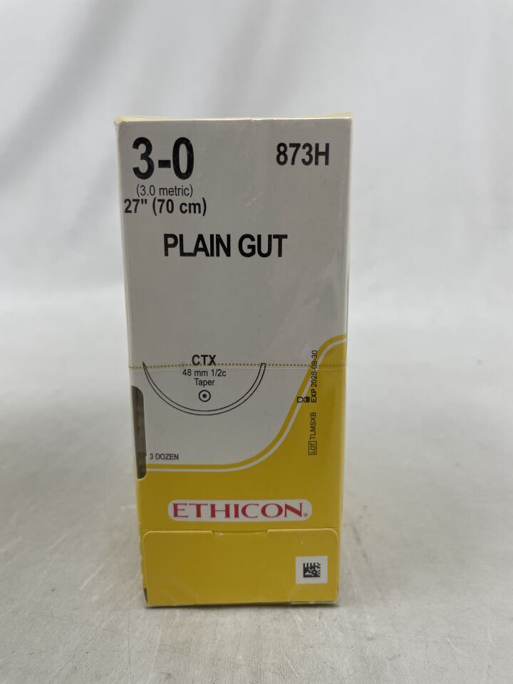873H - ETHICON - Surgical Gut Suture - Plain, Taper Point, Absorbable, CTX 48mm ½ Circle, Plain Monofilament 27" = 70cm, Size: 3-0, (BX/36) - ( Expiry Date: 2028-09-30 )