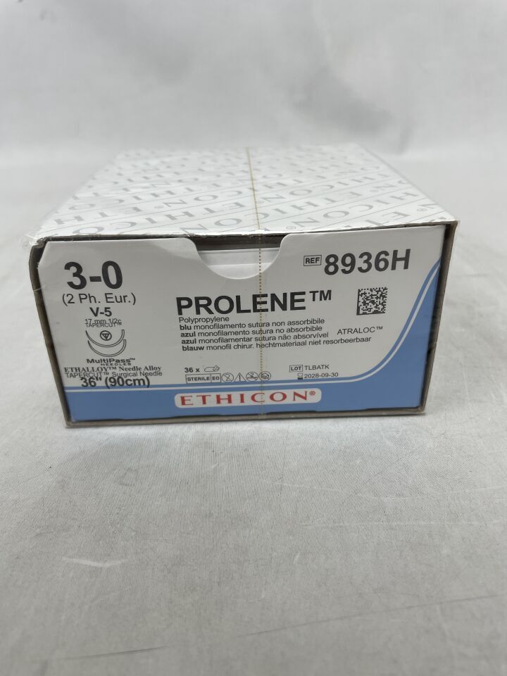 8936H - ETHICON - PROLENE Polypropylene Suture, TAPERCUT, Non-Absorbable, V-5 17mm / V-5 ½ Circle, Blue Monofilament 36" = 90cm, Size: 3-0, (BX/36) - ( Expiry Date: 2028-09-30 )