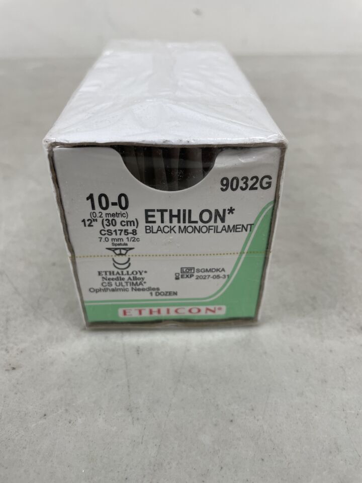 9032G - ETHICON - ETHILON Nylon Suture, ULTIMA - Spatula, Non-Absorbable, Black Monofilament 12" = 30cm, Size: 10-0, (BX/12) - ( Expiry Date: 2027-05-31 )