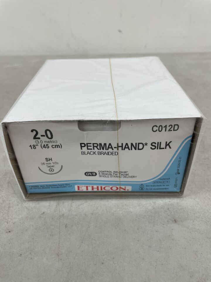 C012D - ETHICON - PERMA-HAND SILK sutures, size 2-0, Black Braided, size 2-0, 18 inch length, SH 26mm 1/2 circle taper, (BX/12) - ( Expiry Date: 2029-05-31 )
