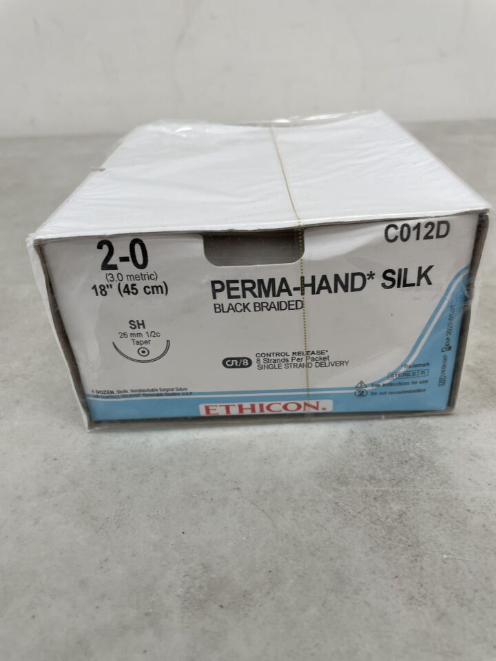 C012D - ETHICON - PERMA-HAND SILK sutures, size 2-0, Black Braided, size 2-0, 18 inch length, SH 26mm 1/2 circle taper, (BX/12) - ( Expiry Date: 2029-01-31 )