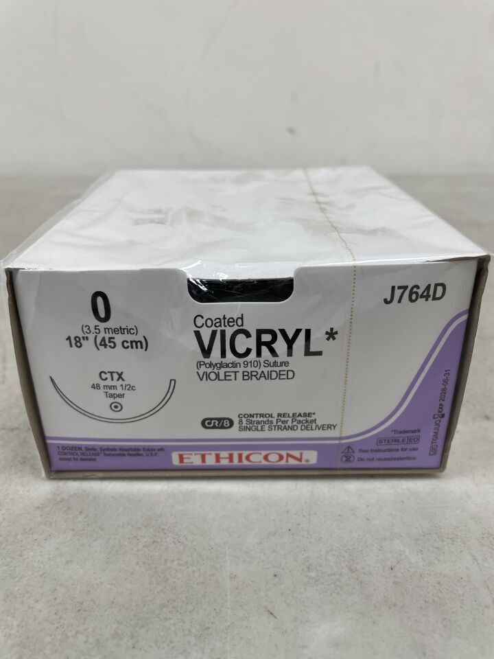 J764D - ETHICON - Coated Vicryl Absorbable Braided Polyglactin 910 Suture, Size 0, 18 in. Length, CTX Needle, (BX/12) - ( Expiry Date: 2028-05-31 )