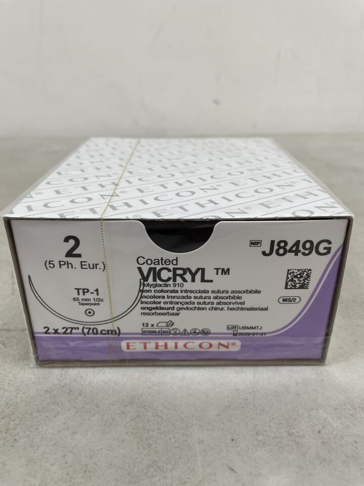 J849G - ETHICON - Coated Vicryl Undyed Braided sutures, size 2, 27" length, TP-1 65mm 1/2 circle taper needle, (BX/12) - ( Expiry Date: 2029-01-31 )