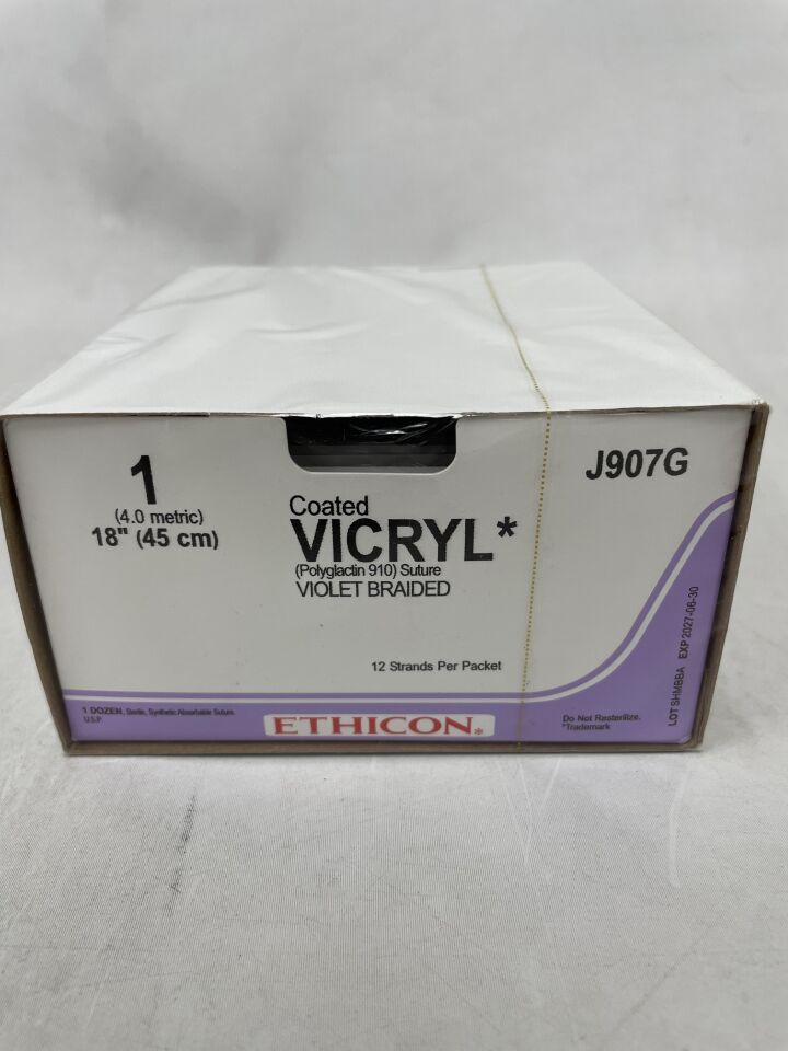 J907G - ETHICON - COATED VICRYL (polyglactin 910) Suture, SUTUPAK Pre-Cut Sutures, Absorbable, Violet Braided 12-18" = 45cm, Size: 1, (BX/12) - ( Expiry Date: 2027-06-30 )